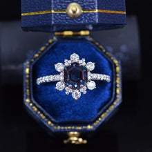 Load image into Gallery viewer, 3 Carat Hexagonal Alexandrite Snowflake Halo Engagement Ring. Victorian 14K Rose Gold Ring