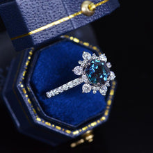 Load image into Gallery viewer, 3 Carat Hexagonal Alexandrite Snowflake Halo Engagement Ring. Victorian 14K Rose Gold Ring