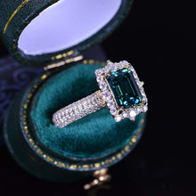Load image into Gallery viewer, 3Ct Green Moissanite Engagement Ring Halo Emerald Step Cut Moissanite Engagement Ring