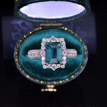 Load image into Gallery viewer, 3Ct Teal Sapphire Engagement Ring Halo Emerald Step Cut Teal Sapphire Engagement Ring