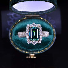 Load image into Gallery viewer, 3Ct Green Moissanite Engagement Ring Halo Emerald Step Cut Moissanite Engagement Ring