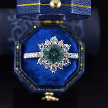 Load image into Gallery viewer, 2 Carat Round Teal Sapphire Snowflake Halo Engagement Ring. Victorian 14K Yellow Gold Ring