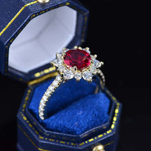Load image into Gallery viewer, 2 Carat Round Ruby Snowflake Halo Engagement Ring. Victorian 14K White Gold Ring