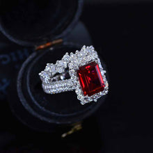 Load image into Gallery viewer, 4Ct Ruby Engagement Ring Halo Emerald Cut Ruby Engagement Ring, 10x8mm Step Cut Ruby Engagement Ring with Eternity Band
