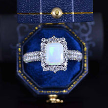 Load image into Gallery viewer, 3Ct White Opal Engagement Ring Halo Emerald Cut Opal Engagement Ring, 9x7mm Step Cut White Opal Engagement Ring with Eternity Band
