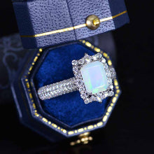 Load image into Gallery viewer, 3Ct White Opal Engagement Ring Halo Emerald Cut Opal Engagement Ring, 9x7mm Step Cut White Opal Engagement Ring with Eternity Band