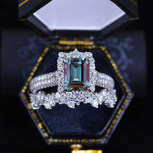 Load image into Gallery viewer, 3Ct Alexandrite Engagement Ring Halo Emerald Cut Alexandrite Engagement Ring, 9x7mm Step Cut Alexandrite Engagement Ring with Eternity Band Platinum