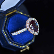Load image into Gallery viewer, 14K Solid Rose Gold 3 Carat Alexandrite Pear Cut Halo Moissanite Ring