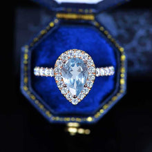 Load image into Gallery viewer, 14K Solid Rose Gold 3 Carat Genuine Natural Aquamarine Pear Cut Halo Genuine Natural Aquamarine Ring