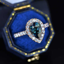 Load image into Gallery viewer, 14K Solid Rose Gold 3 Carat Teal Sapphire Pear Cut Halo Moissanite Ring