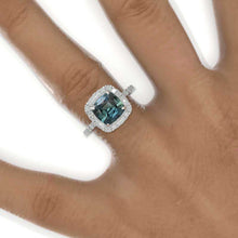 Load image into Gallery viewer, 2.5 Carat Cushion Teal Sapphire Halo Engagement Ring. Victorian 14K White Gold Ring