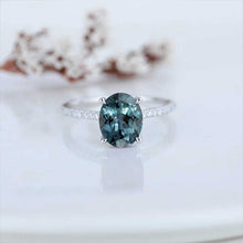 Load image into Gallery viewer, 3 Carat Oval Teal Sapphire Ring, Hidden Halo Rose Gold Engagement Ring