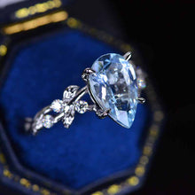 Load image into Gallery viewer, 3 Carat Aquamarine Pear Cut Floral Gold Engagement Ring