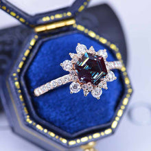 Load image into Gallery viewer, 3 Carat Hexagonal Alexandrite Snowflake Halo Engagement Ring. Victorian 14K Rose Gold Ring