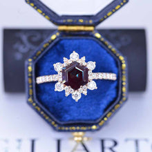 Load image into Gallery viewer, 3 Carat Hexagonal Alexandrite Snowflake Halo Engagement Ring. Victorian 14K Rose Gold Ring