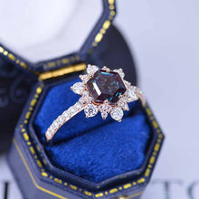 Load image into Gallery viewer, 3 Carat Hexagonal Alexandrite Snowflake Halo Engagement Ring. Victorian 14K Rose Gold Ring