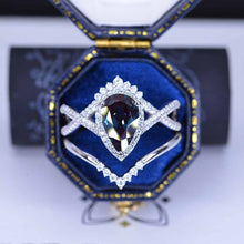 Load image into Gallery viewer, 14K White Gold 3 Carat Pear Alexandrite Halo Twisted Engagement Ring Eternity Ring Set