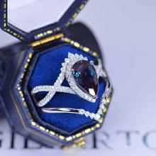 Load image into Gallery viewer, 14K White Gold 3 Carat Pear Alexandrite Halo Twisted Engagement Ring Eternity Ring Set