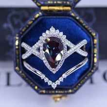 Load image into Gallery viewer, 14K White Gold 3 Carat Pear Alexandrite Halo Twisted Engagement Ring Eternity Ring Set