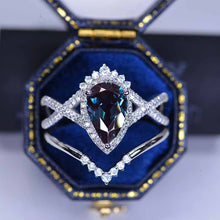 Load image into Gallery viewer, 14K White Gold 3 Carat Pear Alexandrite Halo Twisted Engagement Ring Eternity Ring Set
