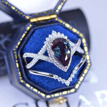 Load image into Gallery viewer, 14K White Gold 3 Carat Pear Alexandrite Halo Twisted Engagement Ring Eternity Ring Set