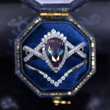 Load image into Gallery viewer, 14K White Gold 3 Carat Pear Alexandrite Halo Twisted Engagement Ring Eternity Ring Set