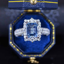 Load image into Gallery viewer, 3Ct Natural Aquamarine Engagement Ring. Halo Emerald Cut Genuine Aquamarine Engagement Ring, 9x7mm Step Cut Aquamarine Engagement Ring with Eternity Band