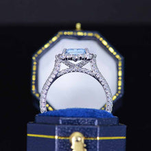 Load image into Gallery viewer, 3Ct Natural Aquamarine Engagement Ring. Halo Emerald Cut Genuine Aquamarine Engagement Ring, 9x7mm Step Cut Aquamarine Engagement Ring with Eternity Band