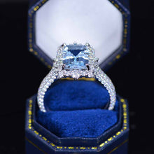 Load image into Gallery viewer, 3Ct Natural Aquamarine Engagement Ring. Halo Emerald Cut Genuine Aquamarine Engagement Ring, 9x7mm Step Cut Aquamarine Engagement Ring with Eternity Band