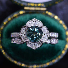 Load image into Gallery viewer, Teal Sapphire Floral Halo 14K White Gold Engagement Ring, Eternity Ring Set