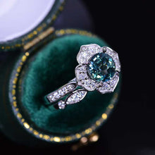 Load image into Gallery viewer, Teal Sapphire Floral Halo 14K White Gold Engagement Ring, Eternity Ring Set