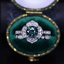 Load image into Gallery viewer, Teal Sapphire Floral Halo 14K White Gold Engagement Ring, Eternity Ring Set