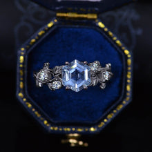 Load image into Gallery viewer, 3 Carat Hexagon Genuine Aquamarine Floral 14K White Gold Engagement Ring