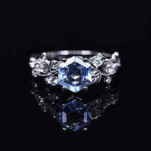 Load image into Gallery viewer, 3 Carat Hexagon Genuine Aquamarine Floral 14K White Gold Engagement Ring