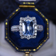 Load image into Gallery viewer, 2Ct Genuine Aquamarine Engagement Ring Halo Emerald Step Cut Aquamarine Engagement Ring