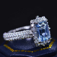 Load image into Gallery viewer, 3Ct Natural Aquamarine Engagement Ring. Halo Emerald Cut Genuine Aquamarine Engagement Ring, 9x7mm Step Cut Aquamarine Engagement Ring