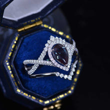 Load image into Gallery viewer, 1.5CT Pear Alexandrite Halo Engagement Ring. 14K Solid Gold Ring Vintage Anniversary Eternity Gold Ring Set.