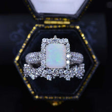 Load image into Gallery viewer, 3Ct White Opal Engagement Ring Halo Emerald Cut Opal Engagement Ring, 9x7mm Step Cut White Opal Engagement Ring with Eternity Band