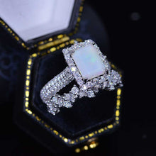 Load image into Gallery viewer, 3Ct White Opal Engagement Ring Halo Emerald Cut Opal Engagement Ring, 9x7mm Step Cut White Opal Engagement Ring with Eternity Band