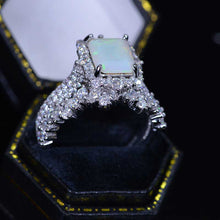 Load image into Gallery viewer, 3Ct White Opal Engagement Ring Halo Emerald Cut Opal Engagement Ring, 9x7mm Step Cut White Opal Engagement Ring with Eternity Band