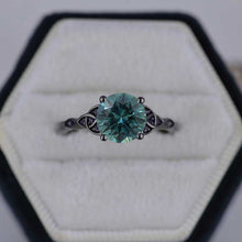 Load image into Gallery viewer, 2 Carat Teal Sapphire Celtic Engagement Black Gold Ring