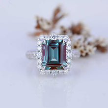 Load image into Gallery viewer, 4Ct Alexandrite Engagement Ring Halo Emerald Step Cut Engagement Ring