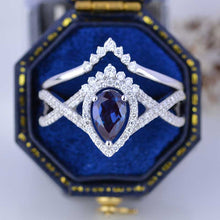 Load image into Gallery viewer, 1.5CT Pear Alexandrite Halo Engagement Ring. 14K Solid Gold Ring Vintage Anniversary Eternity Gold Ring Set.