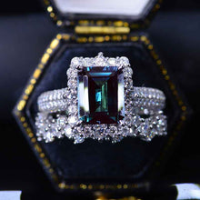 Load image into Gallery viewer, 4Ct Alexandrite Engagement Ring Halo Emerald Cut Alexandrite Engagement Ring, 10x8mm Step Cut Alexandrite Engagement Ring with Eternity Band