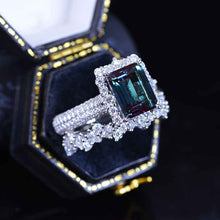 Load image into Gallery viewer, 4Ct Alexandrite Engagement Ring Halo Emerald Cut Alexandrite Engagement Ring, 10x8mm Step Cut Alexandrite Engagement Ring with Eternity Band