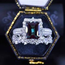 Load image into Gallery viewer, 4Ct Alexandrite Engagement Ring Halo Emerald Cut Alexandrite Engagement Ring, 10x8mm Step Cut Alexandrite Engagement Ring with Eternity Band