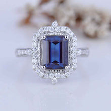 Load image into Gallery viewer, 3Ct Emerald cut Halo Alexandrite ring, alexandrite solitaire ring, natural alexandrite ring, genuine Alexandrite emerald cut vintage ring