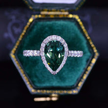 Load image into Gallery viewer, 14K Solid White Gold 3 Carat Halo Pear Cut Teal Sapphire Ring
