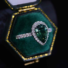 Load image into Gallery viewer, 14K Solid White Gold 3 Carat Halo Pear Cut Teal Sapphire Ring