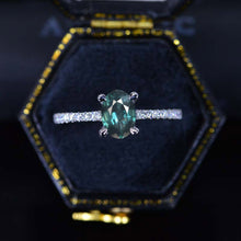Load image into Gallery viewer, 1 Carat Carat Oval Teal Sapphire Ring, Hidden Halo Gold Engagement Ring